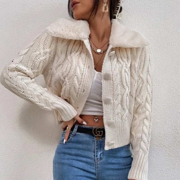 BEIGE TEDDY COLLAR BUTTON DOWN CABLE KNIT CARDIGAN - Picture 3 of 5